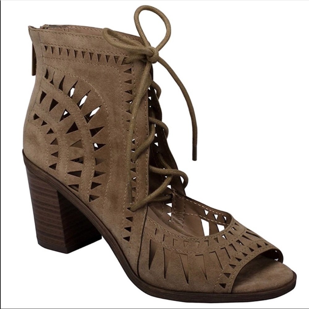 Taupe Laser Cut Gladiator Lace Up Peep Toe Sandal - Picture 5 of 5
